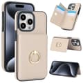 Fodral för iPhone 15 beige vit kortplats ring plånbok PU-läder