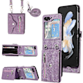 Miniatyrbild 1 av 5: Plånboksfodral för Samsung Galaxy Z Flip 6 med axelrem, kortfack, stativ och läderfodral purple