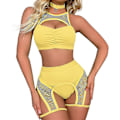 Miniatyrbilde 2 av 4: Kvinners Rave-antrekk med utskjæringer, fiskenett-topp, booty shorts, choker, 3 deler, babydoll-nattøy, festivalundertøy -JRZD yellow
