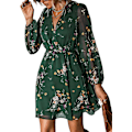 Miniatyrbillede 1 af 4: Kvinde Floral Print Chiffon A-Line Minikjole Lange Bondeærmer -GSL navy 2