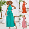 Miniatyrbild 1 av 4: Kvinnor Bärbar Off-Shoulder Jumpsuit Solid Färg Ärmlös Hög Midja Split Bred Ben Byxor Romper Jumpsuit -GSL ZD C m