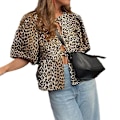 Miniatyrbilde 2 av 4: Kvinners Topper Leopard Print Hollow Out Skjorter Causal Kort Ermet Blonder Opp Topper ZD