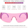 Miniatyrbillede 5 af 5: AIEYEZO Rimless Y2K Solbriller til Kvinder og Mænd Oversized Fashion Wrap Around Rammeløse Solbriller pink