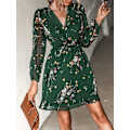 Miniatyrbillede 4 af 4: Kvinde Floral Print Chiffon A-Line Minikjole Lange Bondeærmer -GSL navy 2