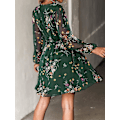 Miniatyrbillede 2 af 4: Kvinde Floral Print Chiffon A-Line Minikjole Lange Bondeærmer -GSL navy 2