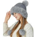 Miniatyrbilde 3 av 5: Hatt for kvinner, vinter, med dobbel pompom, søt russisk hatt, kunstig pels, trendy for ski, utendørs, grå gray a