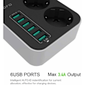 Pikkukuva 4 / 5: Monitoiminen pistorasia-adapteri 3 kytkettävällä osastolla ja 6 USB:llä (5V/3.4A, 17W), kytkettävällä lapsilukolla ja useilla pistorasioilla