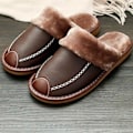 Miniatyrbillede 4 af 5: Alpha Slippers Blød Foring PU Læder Overdel Unisex Mænd Kvinder Varme Slippers Brun 42-43