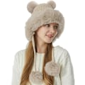 Pikkukuva 2 / 5: Naisten talvimyssy kaksoispomsupomponilla, söpö venäläinen myssy, keinotekoinen turkis, trendikäs ulkoilulle, hiihtämiseen, BEIGE Beige