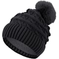 Miniatyrbillede 1 af 5: Hætte til kvinder vinter hætte hatte termisk fleeceforet hat damer strikkede uld hatte med kunstig pels pom pom sort Black