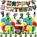 Miniatyrbild 1 av 2: (Specialerbjudanden) Minecraft-tema barnkalas dekorationer ballonger banderoll tårtdekorationer set