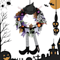 Pikkukuva 1 / 5: Halloween-ovikranssi ulko-oveen, 27 tuuman noitakranssikoristeet, Halloween-ovikranssi noitakorkki ja luut pumppukoristeet ulko-oveen tai sisätiloihin