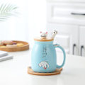 Miniatyrbillede 4 af 5: Sød kattekrus i keramik med sødt kattelåg, kattepote ske, kawaii-coaster, kop til morgenkaffe, te, mælk, julekrus, blå (WZ1281)
