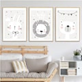 Miniatyrbild 1 av 4: Oinramad 3Set Grå tecknad duk målning bilder bedårande djur konsttryck nordisk bedårande tecknad djur affisch duk väggkonst sovrumsdekoration