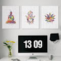 Miniatyrbild 1 av 5: Wekity Buddha, Lotus och Mudra väggkonst canvas tryck affisch, enkel mode akvarell konst ritning dekor för hem vardagsrum sovrum kontor (Set of 3