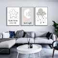 Miniatyrbillede 2 af 3: Wekity Søde Tegneserie Stjerner Måne Sky Cloud Wall Art Lærred Trykplakat, Enkelt Mode Vandfarve Kunst Dekor til Hjem Stue Soveværelse Kontor og Børn