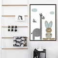 Miniatyrbilde 4 av 5: Wekity Grid Cartoon Animals Veggkunst Lerretstrykk Plakat, Enkelt Søtt Enkelt Strøk Kunstmaleri Dekor for Hjem Stue Soverom Kontor og Barn