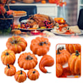 Pikkukuva 5 / 5: 8 kpl Halloween ja Thanksgiving -teemainen keinotekoinen oranssi kurpitsa setti DIY-lomakoristeluun ja valokuvausrekvisiitaksi (pussi)