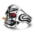 Pikkukuva 2 / 2: Iso sormus kallo luuranko punainen kivi rock punk Silver one size