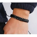 Miniatyrbild 2 av 3: Genuint läder justerbart svart armband för män - flätat Svart one size