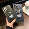 Miniatyrbillede 2 af 4: iPhone 12 & 12 Pro etui med broderet mops kunstlæder hund Black one size