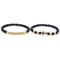 Miniatyrbild 3 av 4: Dubbelt armband med sten & guld/silverkulor och guldkors unisex Black one size
