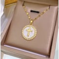 Miniatyrbilde 3 av 3: White circle necklace with cross in rhinestones and enamel Gold one size