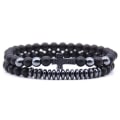 Miniatyrbild 1 av 4: Dubbelt armband med sten & guld/silverkulor och guldkors unisex Black one size