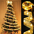 Miniatyrbilde 1 av 5: Nye LED-båndlys, satenglys, julebåndlys, juletrepyntlys, dobbeltlags gullbelagte lysende båndlys Silver Ribbon - White Light 3m 30m light - two batteries