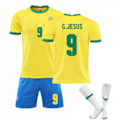 Miniatyrbillede 1 af 2: Brasilien Hjemme Gul Trøje Sæt Børn Voksne Fodboldtrøje Træningstrøje Nr. 9 G.JESUS Nr. 9 G.JESUS No.9 G.JESUS XL