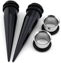 9mm Ørepiercing Udvidelsessæt - 2 Sorte Akryl Tapers & 2 Stål Tunneler (4 Dele)