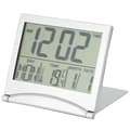 Kompakt sammenklappelig rejsevækkeur med kalender, temperatur og timer_yux