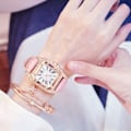 Miniatyrbillede 2 af 3: Ur med læderrem Quartz Starry Square Urtavle Dame Sæt (rosa)