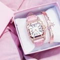 Miniatyrbillede 1 af 3: Ur med læderrem Quartz Starry Square Urtavle Dame Sæt (rosa)