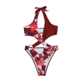Miniatyrbild 5 av 5: Kvinnor Röd En-delad Baddräkt Bikini Halsrem Midja Ihålig Blomma Tryck S