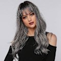 Miniatyrbilde 3 av 5: TG Ombre Grå Parykk Med Bangs Lang Ombre Grå Parykk Med Svart Rot Lang Grå Parykk For Dame Syntetisk Bølge
