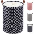 72L Thickened Extra Large Laundry Hamper with Durable Leather Handle Waterproof Interior, Drawstring Round Cotton Linen Foldable Storage (Black)