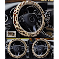 Miniatyrbild 3 av 3: Chic Leopardmönstrad Fluffig Plysch Rattmuff för Bil Mjuk Vinter Varm Bil Rattmuff Skydd Stretch Passar Universal 37-39cm -FD2-