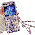 Miniatyrbillede 1 af 5: Z Flip 5 Glitter Bling Etui, 3D Krystal Rhinestone Diamant Blomster Perle Etui Til Samsung Galaxy Z Flip 5 Med Håndledsrem