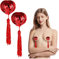 Miniatyrbillede 1 af 5: Brystvorte Dæksler, Genanvendelige Klæbende Brystvorte Stickers, Sexy Tassel Glans med Tassel til Par Rolleleg Kostume Party Tilbehør (Rød)