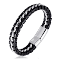 Miniatyrbillede 1 af 5: Drenge Ægte Læder Armbånd Sort Titanium Sølv Kæde Magnetisk Lås 7\" / 18cm