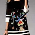 Miniatyrbillede 1 af 5: Plus Size Julekjole til Kvinder - Reindeer Print, Tre Kvarte Ærmer, Rund Hals, Let Stræk