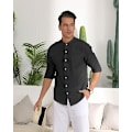 Pikkukuva 5 / 5: Miesten rento puuvilla-pellavapusero pitkillä hihoilla, napitettava, taskullinen Black 5XL