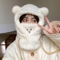 Miniatyrbillede 1 af 5: e Bear Ear Hat Halstørklæde Handsker Vinter Kvinder Beanies Caps Varm Plus White One Size