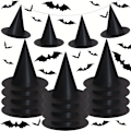 Miniatyrbillede 5 af 5: 12 sorte heksehatte i polyester, plus 60 flagermusvægdekorationer og snore, Halloween kostume heksetilbehørshatte, velegnet til Halloweenfest (FMY) 12 witch hats and 60 bats