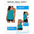 Miniatyrbillede 3 af 5: Dame Stribet Print Lace-up Racerback Tankini Badetøjsoverdel Bottomless Lyseblå Xxl (FMY)