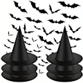 Miniatyrbillede 3 af 5: 12 sorte heksehatte i polyester, plus 60 flagermusvægdekorationer og snore, Halloween kostume heksetilbehørshatte, velegnet til Halloweenfest (FMY) 12 witch hats and 60 bats