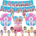 Pikkukuva 1 / 5: Barbie-elokuvateemaiset ilmapallot - syntymäpäiväjuhlat - vaaleanpunainen koristelu, mukaan lukien banneri, kakunkoriste, cupcake-koristeet, ilmapallosetti - juhlatarvikkeet (FMY)