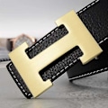Miniatyrbilde 1 av 2: Ny stil business fritid ekte PU-lær H glatt spenne litchi kornbelte for menn (FMY) Black gold buckle