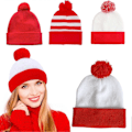 Miniatyrbilde 5 av 5: Vinterstrikket Lue Kontrastfarge Pom-pom Lue Elastisk Brettet Kant Beanie Dobbeltlags Kaldt Vær Julehodeplagg Fotorekvisitt Lue (FMY) C
